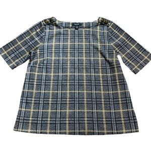 RW&Co Woven Plaid Blouse With Military Shoulder Detail & Crop Sleeves Grey Sz XS